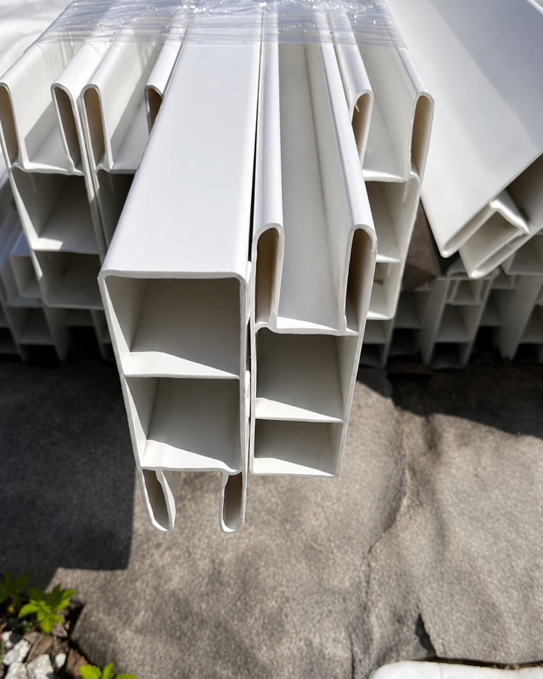 White vinyl privacy fence rails, top and bottom pair