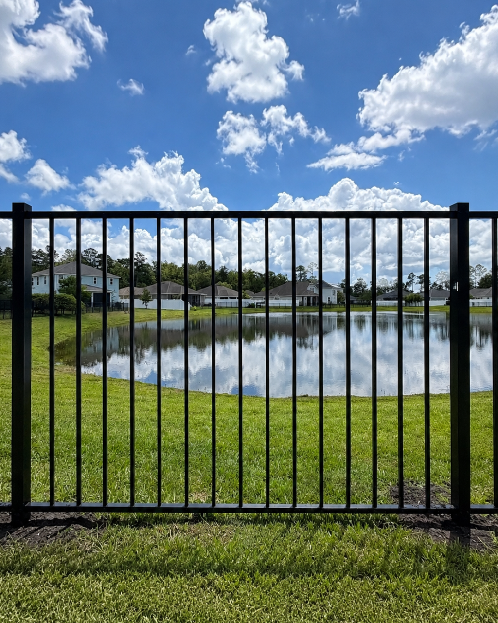 Black aluminum fence section, rail panel for a backyard