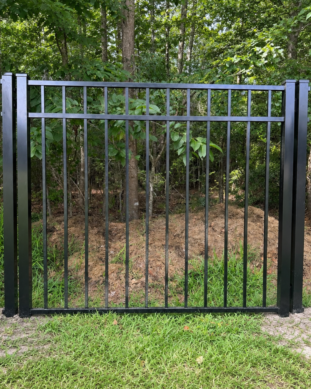 Black aluminum fence gate, 3-rail through-bottom style
