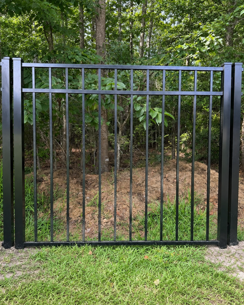 Black aluminum fence gate, 3-rail through-bottom style